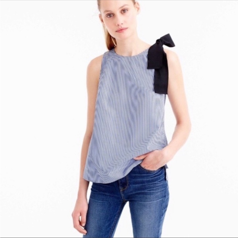 J.Crew Bow Shoulder Grosgrain Ribbon Striped Poplin Tank Top, Navy/White